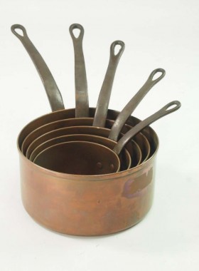 Set 5 Antique Copper Pans