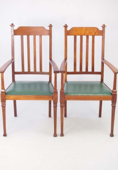 Pair Edwardian Arts Crafts Oak Armchairs