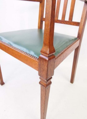 Pair Edwardian Arts Crafts Oak Armchairs