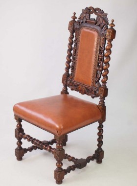 Antique Victorian Gothic Revival Oak And Leather Chair
