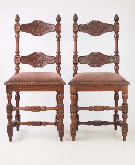 Pair Antique Walnut Chairs with Acorn Finials