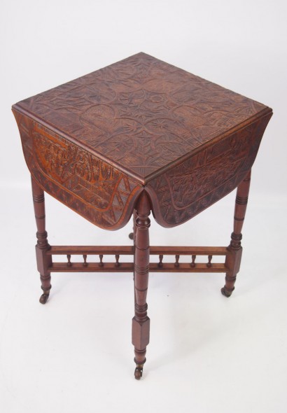 Edwardian Chinese Carved Drop Leaf Table