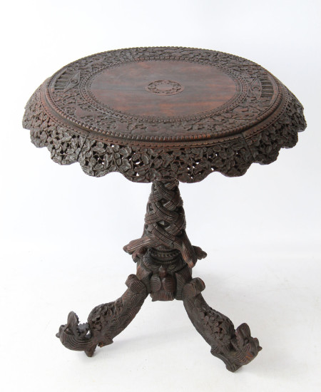 Antique Burmese Carved Rosewood Tilt-Top Side Table