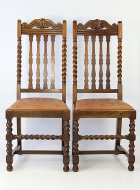Pair 1920s Oak Barley Twist Chairs