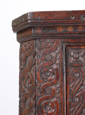 Small Antique Gothic Carved Elm Corner Cupboard