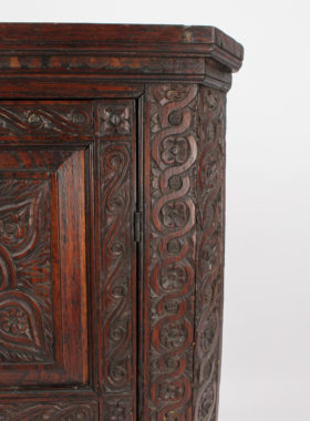 Small Antique Gothic Carved Elm Corner Cupboard