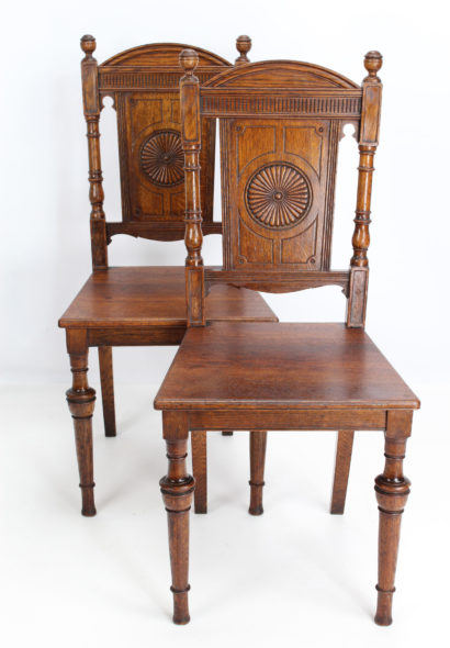Pair Victorian Oak Hall Chairs